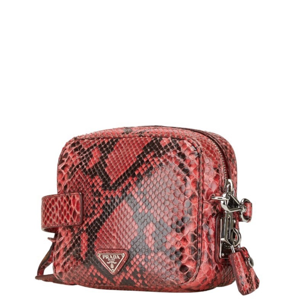 Prada Leather Black Python Triangle Bag Red Shoul… - image 1